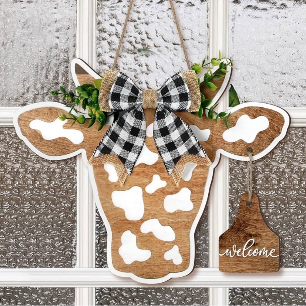 Cow Head Welcome Wooden Sign/Hanger with Buffalo Check Bow